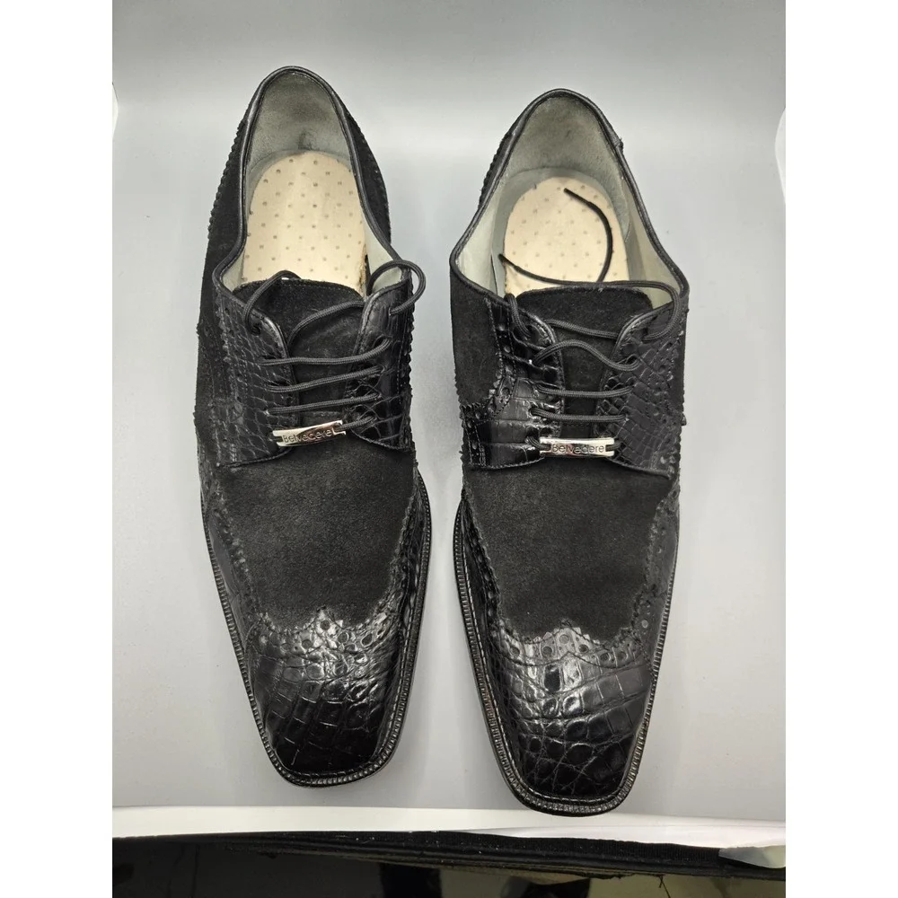 Belvedere Mens Wingtip Oxfords Black Leather Crocodile Square‎ Toe Lace Up 9.5